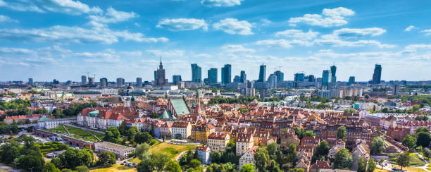 Aerial panorama of Warsaw, Poland  over the Vistual river and City center in a distance stock photo