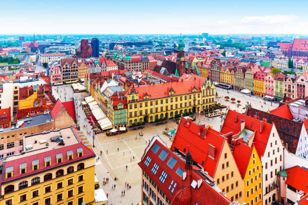 Aerial panorama of Wroclaw, Poland Scenic summer aerial panorama of the Old Town architecture in Wroclaw, Poland wroclaw stock pictures, royalty-free photos & images