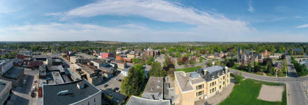 Aerial panorama scene of downtown Woodstock, Ontario, Canada An aerial panorama scene of downtown Woodstock, Ontario, Canada woodstock ontario stock pictures, royalty-free photos & images