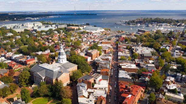 Aerial Panoramic View Annapolis Maryland State House Capital City The Naval Academy Dome and the Maryland Statehouse buildings show up centered in the Annapolis Skyline chesapeake bay stock pictures, royalty-free photos & images