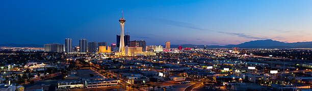 Aerial Panoramic View of Las Vegas at Dusk stock photo