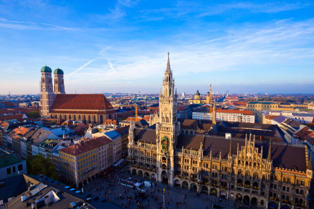 Aerial panoramic view of Old Town, Munich, Germany. Panorama Munich Frauenkirche square. munich stock pictures, royalty-free photos & images