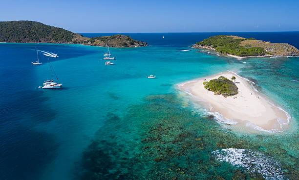 Aerial panoramic view of Sandy Spit, British Virgin Islands stock photo