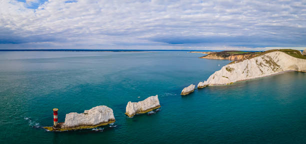 Aerial panoramic view of the Needles of Isle of WIght, UK Aerial panoramic view of the Needles of Isle of WIght, UK english channel photos stock pictures, royalty-free photos & images