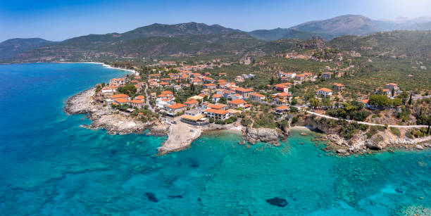 Aerial panoramic view to the idyllic town of Kardamili Aerial panoramic view to the idyllic town of Kardamili, Messenia, Peloponnese, Greece peloponnese stock pictures, royalty-free photos & images