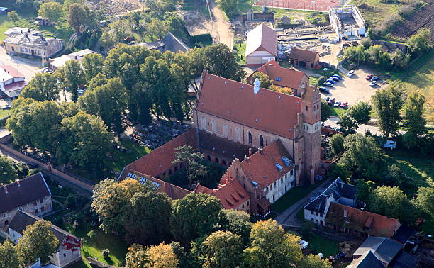 Aerial photo of a Catholic Church in Żarnowiec stock photo