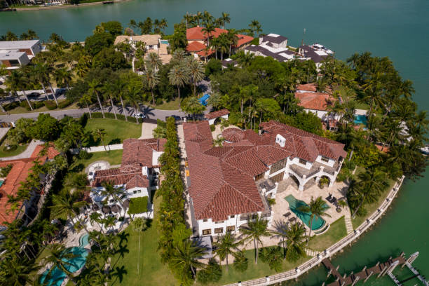 Aerial photo of a luxury single family house on Indian Creek Island Miami Beach stock photo