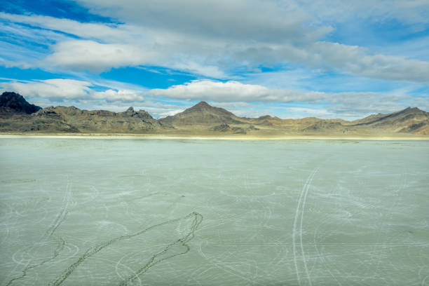 Aerial photo of Bonneville Salt Flats speedway showing a lot of tire marks stock photo