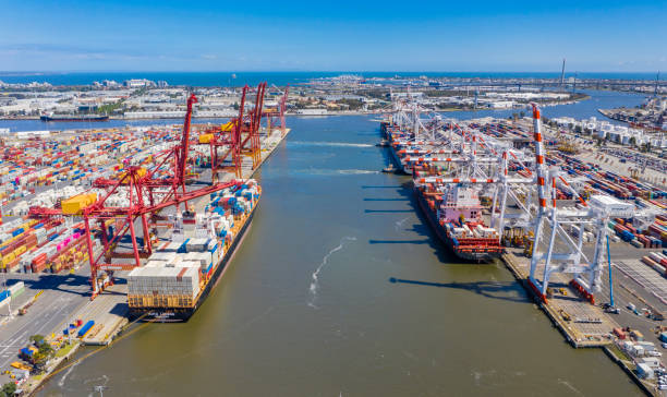 Aerial photo of container terminal in Melbourne, Australia stock photo