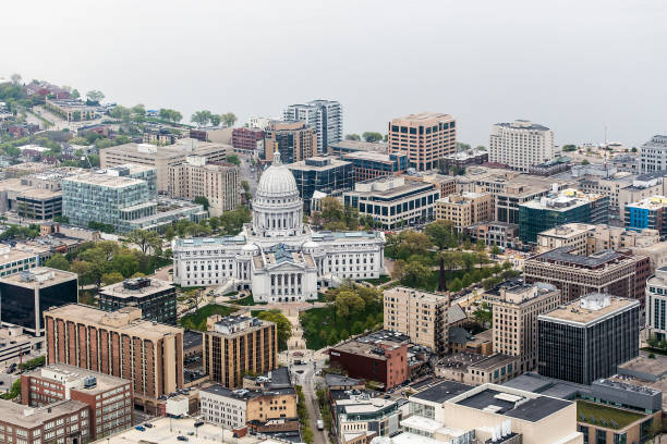 Aerial photo of downtown Madison, Wis. and the Wisconsin State Capitol. stock photo