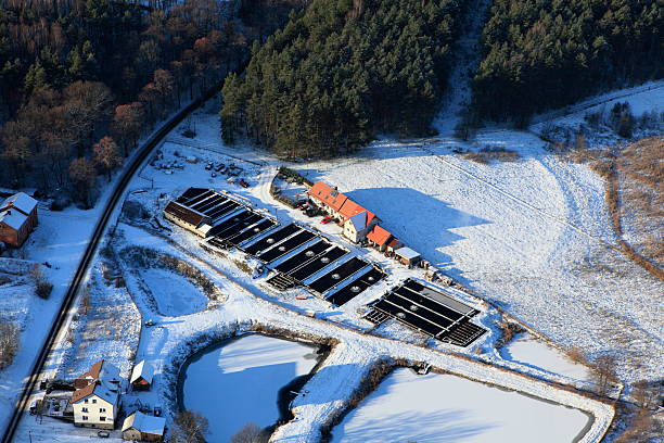 Aerial photo of fish farm. Winter stock photo