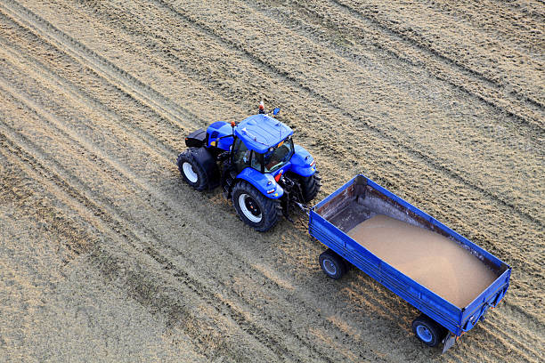 Aerial photo of grain harvest stock photo
