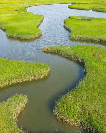 This is an aerial photograph of wetland estuary in Massachusetts, New England, USA.