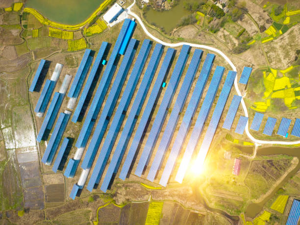 Aerial photography bird-eye view of Solar energy power generator for sustainable development stock photo