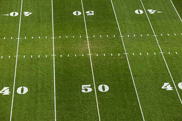 Aerial shot af a grass American football field stock photo