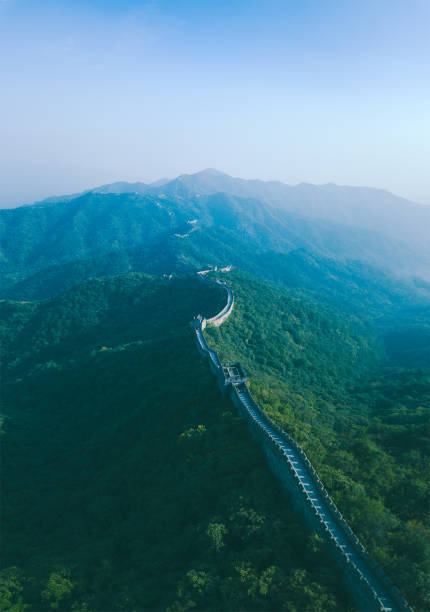 Aerial shot of Great Wall of China The Great Wall of China at Mutianyu. Aerial shot on a beautiful sunny summer day. mutianyu stock pictures, royalty-free photos & images