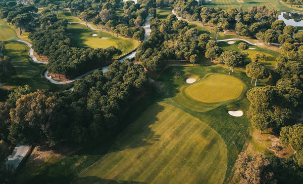 Aerial shot of the golf course Golf Course, Green - Golf Course, Sand Trap, Playing Field green golf course stock pictures, royalty-free photos & images