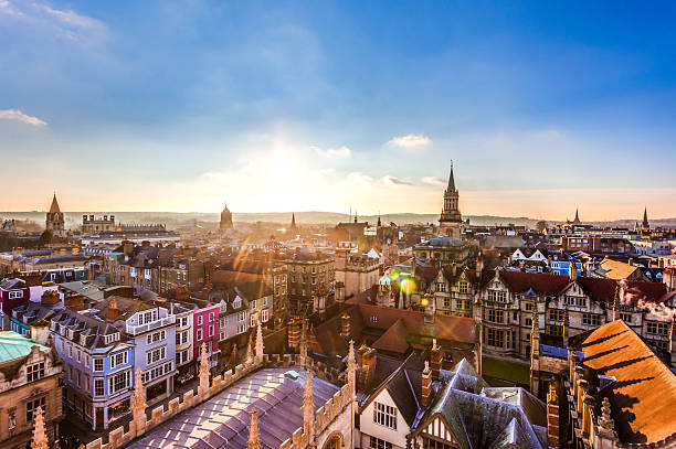 Aerial sunset view of Oxford City, United Kingdom stock photo