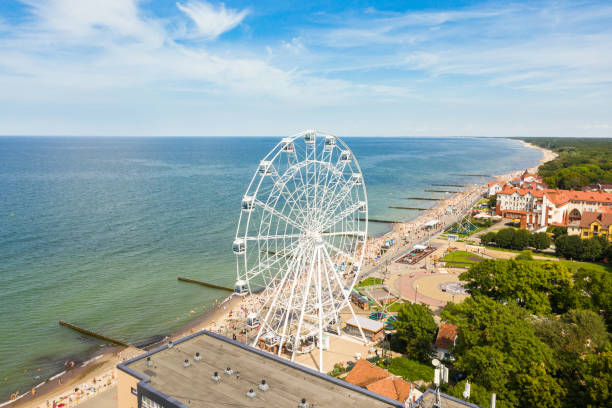 Aerial: The Ferris Wheel on the promenade of Zelenogradsk stock photo