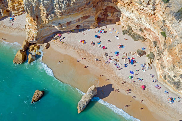 aerial top shot from praia da marinha in the algarve portugal - algarve imagens e fotografias de stock