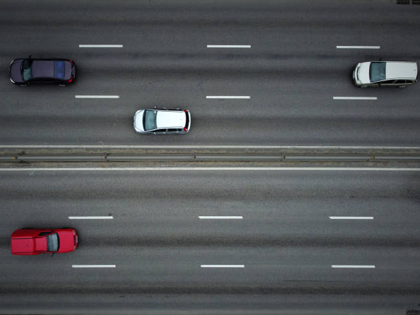 Aerial top view of road automobile traffic, transportation concept stock photo