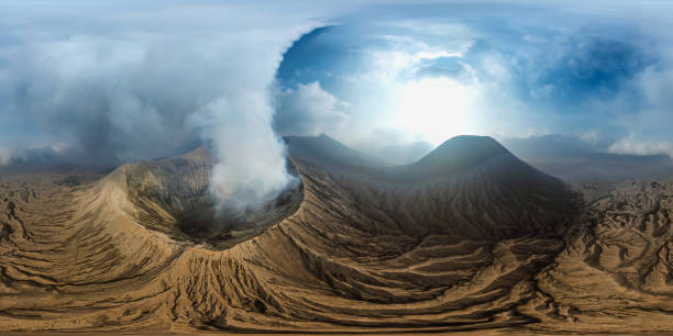 vr 360 vista aerea sopra bromo vulcano landmark nature travel place of indonesia (realtà virtuale completa panorama a 360 gradi senza soluzione di continuità) - semeru foto e immagini stock
