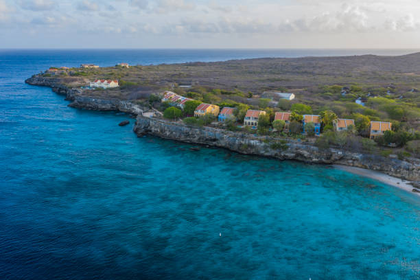 Aerial view above coast scenery of Curacao, Caribbean with ocean and beach stock photo