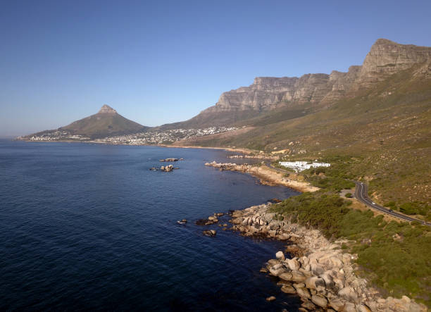 Aerial view across the sea at Oudekraal to Cape Town, South Africa stock photo