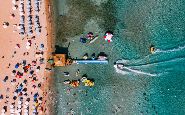 aerial view altinkum strand in turkije - bodrum stockfoto's en -beelden