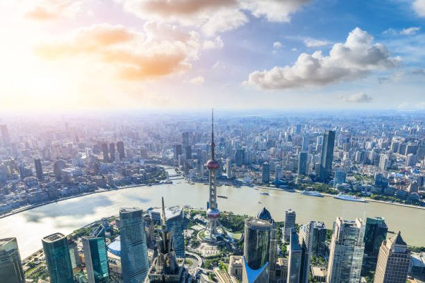 Aerial view and skyline of Shanghai cityscape stock photo