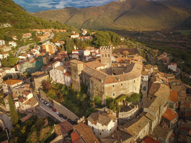 Aerial view at sunset on medieval town of Roviano in Lazio, Italy stock photo