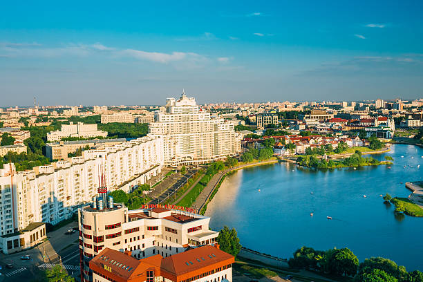 Aerial view, cityscape of Minsk, Belarus Aerial view, cityscape of Minsk, Belarus. Summer season, sunset time. Nemiga district minsk stock pictures, royalty-free photos & images