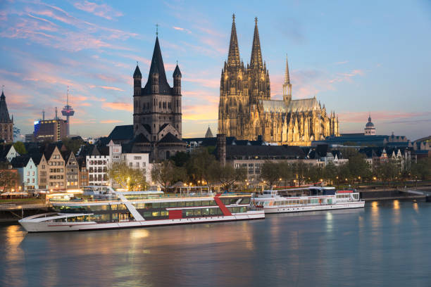 Aerial view Cologne over the Rhine River with cruise ship in Cologne, Germany. stock photo