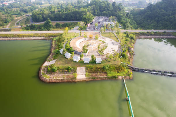 aerial view drone shot of bangwad dam and car park at phuket thailand stock photo
