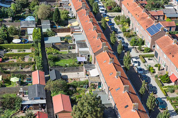 Aerial view family houses with backyards in Emmeloord, The Netherlands Aerial view family houses with backyards in residential area of Dutch village Emmeloord flevoland stock pictures, royalty-free photos & images