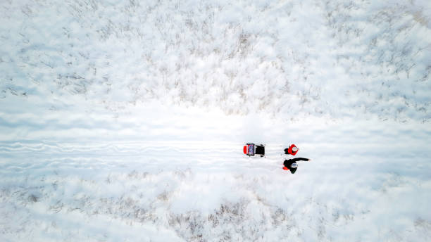 aerial view familj snöskor promenader utomhus på vintern - skidled bildbanksfoton och bilder