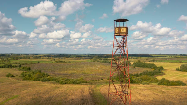 Aerial view fire watch tower in agriculture field. Fire safety and travel concepts. Aerial view fire watch tower in agriculture field. Fire safety and travel concepts. fire lookout tower stock pictures, royalty-free photos & images