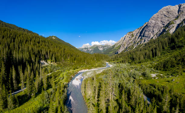 Aerial view from a river flowing through a forest The river Lech in the Lechtal valley in Vorarlberg, Austria. HDR panorama from a drone with extremely high resolution. lech river stock pictures, royalty-free photos & images