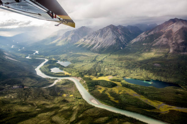 Aerial view from "Beaver" seaplane of Canadian wilderness Nahanni National Park Reserve, in the Northwest Territories, Canada canyon photos stock pictures, royalty-free photos & images