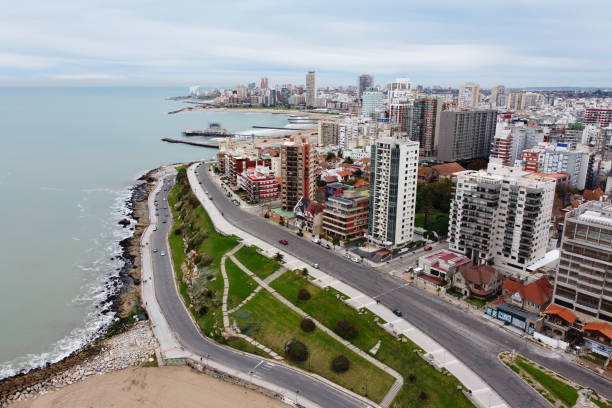 Aerial view from drone of Mar del Plata city skyline stock photo