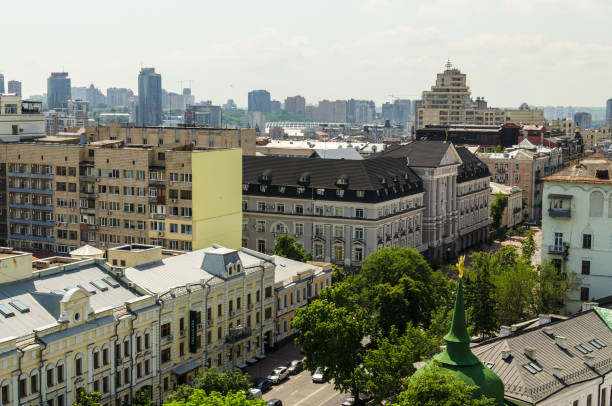 Aerial view from St. Sophia Cathedral on buildings of historical center of Kiev. stock photo