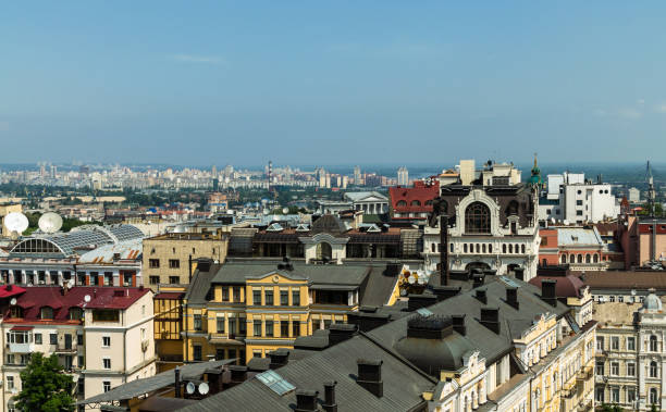 Aerial view from St. Sophia Cathedral on buildings of historical center of Kiev stock photo