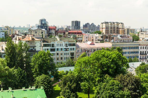 Aerial view from St. Sophia Cathedral on buildings of historical center of Kiev stock photo
