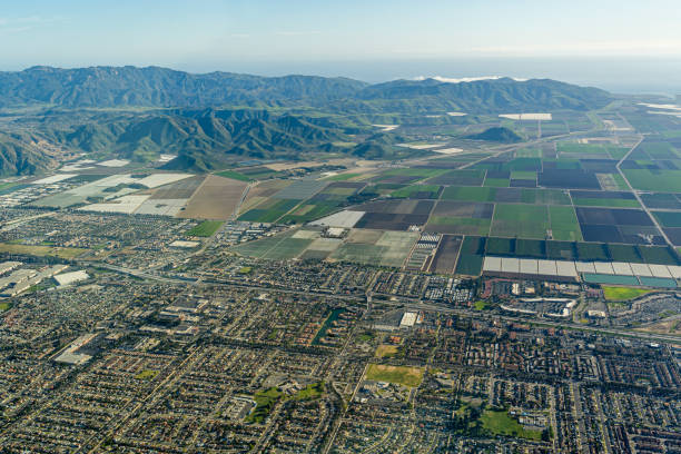 Aerial View high above Camarillo, Oxnard area of California stock photo