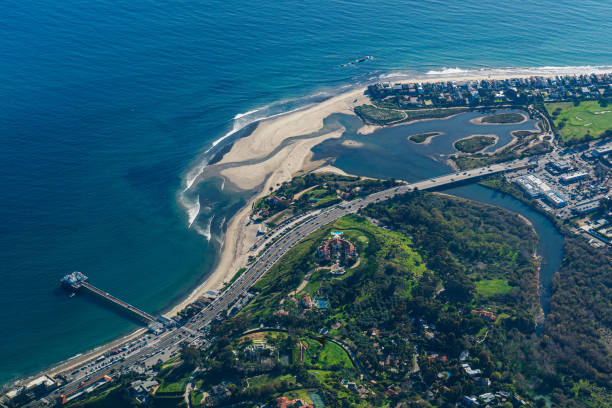 Aerial view high above Malibu CA beach and Malibu Lagoon State Beach stock photo