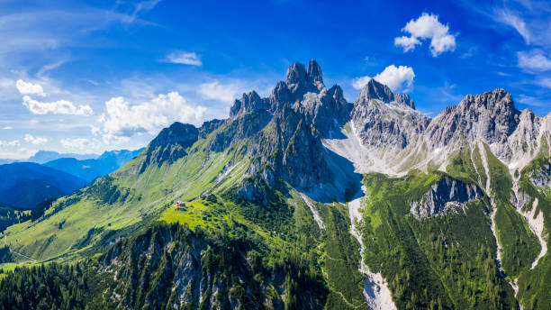 Aerial view in the Dachstein mountains with a view of the large bishop's hat Austria, Salzburger Land, Salzburg, Upper Austria, Europe, Hofpürglhütte dachstein mountains stock pictures, royalty-free photos & images