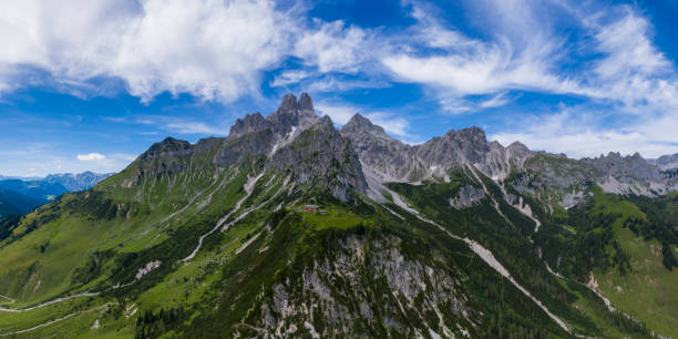 Aerial view in the Dachstein mountains with a view of the large Bischofsmütze Austria, Salzburger Land, Salzburg, Upper Austria, Europe, Hofpürglhütte dachstein mountains stock pictures, royalty-free photos & images