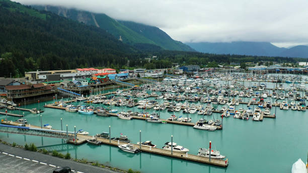 Aerial View Marina and Waterfront Downtown in Seward Alaska The water is turquoise blue in the port of Seward Alaska kenai peninsula stock pictures, royalty-free photos & images