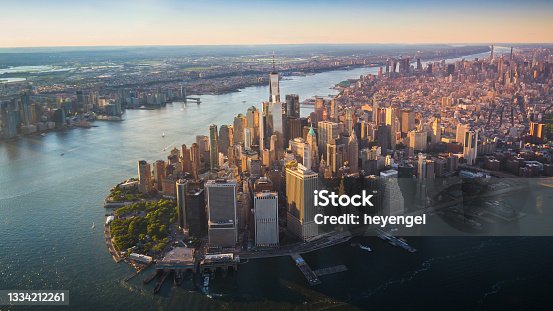 istock Aerial view New York City Skyline with Freedom Tower at Sunset 1334212261