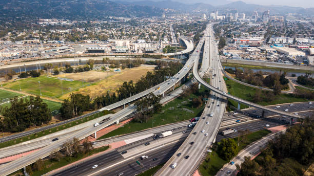 Aerial view of a freeway intersection in Los Angeles stock photo